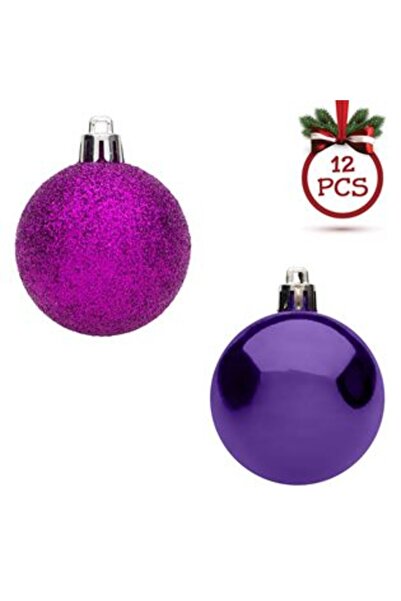 Silver Star Σετ Globuri de Craciun Mov Stralucitoare Glitter Ø8 cm - 12 buc