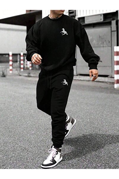 PAVRO طقم رياضي سويت شيرت وبنطلون جوجر - سترة رياضية كبيرة الحجم مع طباعة حصان