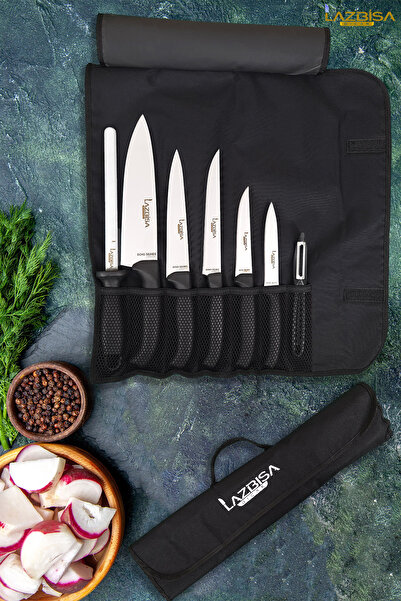 LAZBİSA İncisive Serisi Çantalı 7 Li Şef Mutfak Bıçak Seti Gastronomi Bıçak S...