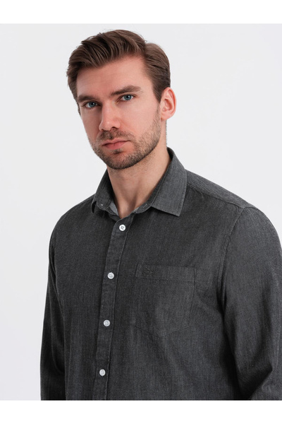 OMBRE Pánská džínová košile s vyšívanou kapsou - černá V2 OM-SHDS-0181 M