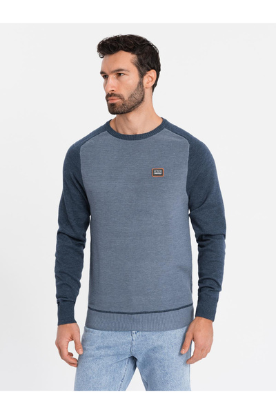 OMBRE Pulover bărbătesc din bumbac cu etichete și mâneci raglan - bleumarin V...