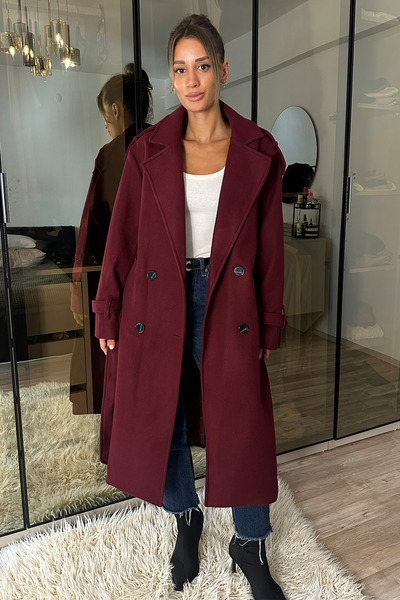 NET OF NOT Bordo Kuşaklı Yeni Sezon Astarlı Premium Kalite Rahat Kalıp Kadın ...