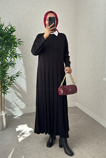 Salih Çelebi Çizgili Pliseli Triko Elbise 0010 - SİYAH