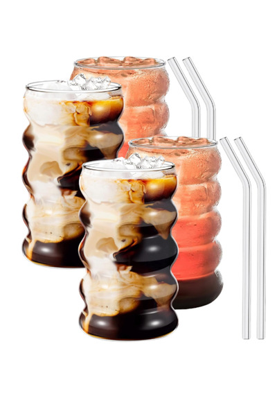 package home 4 Glass Straw Cups, 19.5 oz, for Iced Coffee, Milk Tea, and Juice