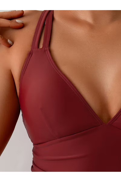 TRAJE DEN One Piece Swimsuit Crisscross Back Design V Neck with Embossed Texture