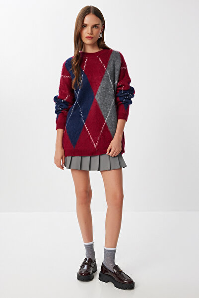 Lovelyİstanbul Πλεκτό πουλόβερ με σχέδιο Oversize LMW0015 ΜΠΟΡΝΤΟ ΜΠΛΕ