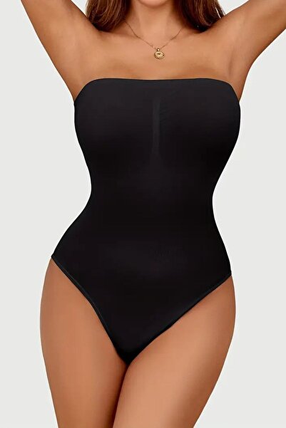 MİSTİRİK Fossini Model Firming Effective Strapless Bodysuit with Snap Fasteners at the Bottom, Black Color