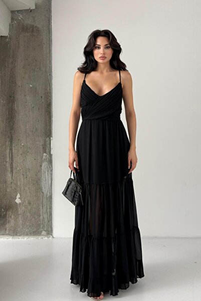 Serica Moda Rochie din șifon cu detaliu pe spate și bretele negre