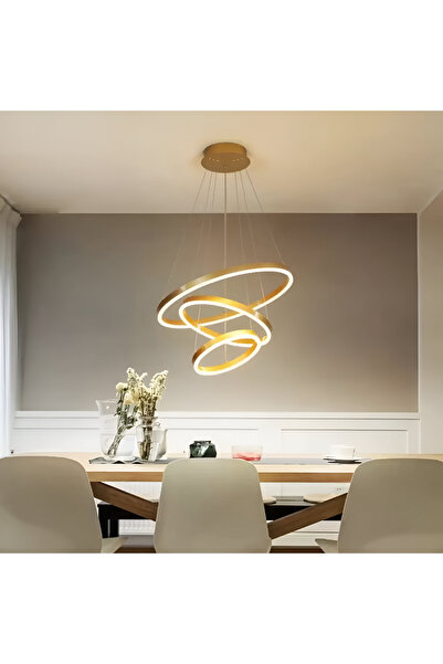 Alessandro DESIGN Lustra LED suspendata cu telecomanda ELIZABETH, 84W, 3 Cercuri, Auriu Lucios, Inaltime Reglabila