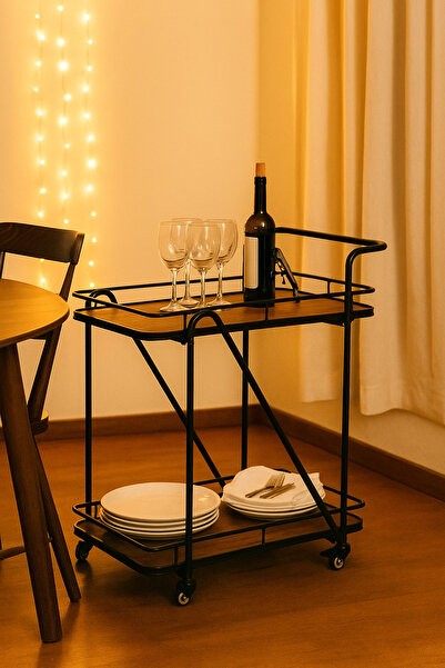 MARIA HOMES عربة تقديم قهوة وشاي بنية بعجلات من طبقتين | إطار معدني ورفوف خشبية ٧٠×٤٠×٨٥ سم