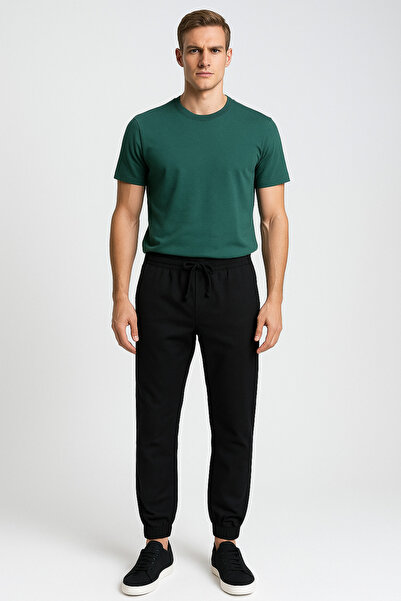 ASG TEKSTİL Black Color Plain Design Elasticated Cuffs Button Closure Slim Fit Men's Trousers