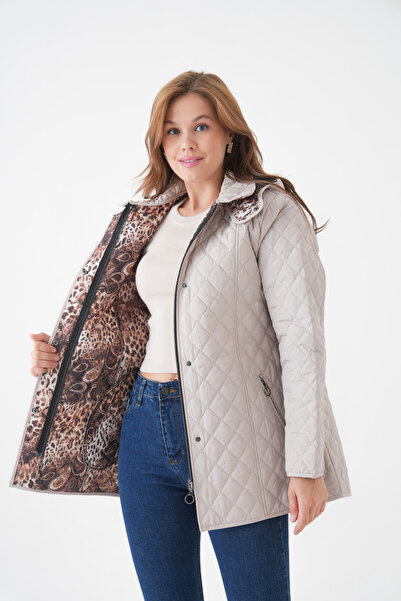 Butik Palton căptușit cu glugă, cu model leopard, cu fermoar și cu capse, pentru femei, mărime mare