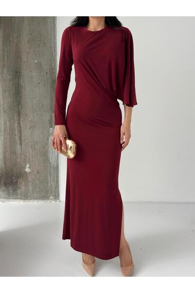 Serica Moda Bordo Yarasa Kol Asimetrik Büzgülü Elbise