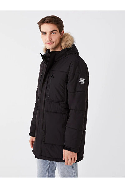 LC Waikiki Мъжко палто с качулка, черно и стандартен модел, XSIDE