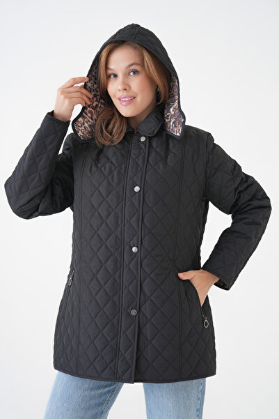 Butik Women's Plus Size Hooded Leopard Print Zipper Snap Button Quilted Coat Jacket