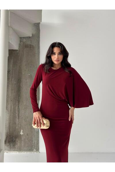 Serica Moda Bordo Yarasa Kol Asimetrik Büzgülü Elbise