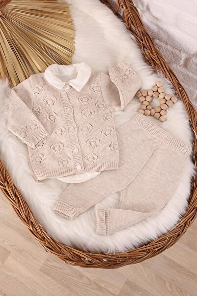 kidello Beige Knitwear Knitted Bodysuit Baby 3-Piece Set