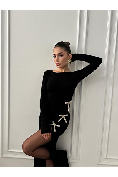 Moda Hour Fiyonklu Yırtmaçlı Maxi Boy Siyah Elbise