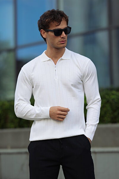aziso White Men's Polo Neck Half Zip Knitwear Sweater