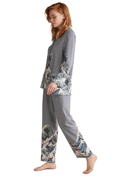 YUYİ N A U T I C A GÖMLEK YAKA UZUN KOLLU ÖNDEN DÜĞMELİ KADIN PİJAMA TAKIM