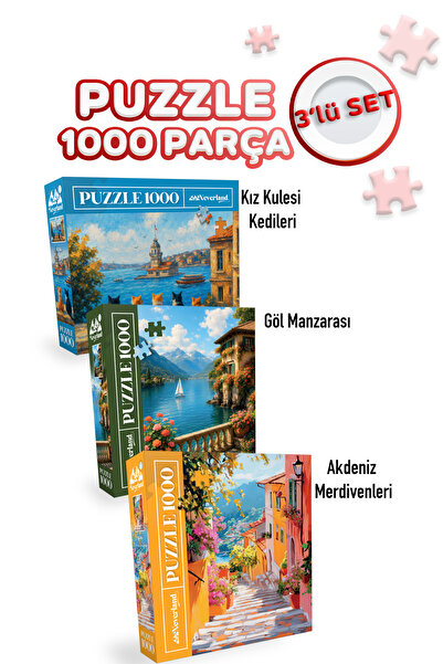 Neverland 3 ADET 1000 PARÇA PUZZLE - KIZ KULESİ KEDİLERİ VE GÖL MANZARASI VE AKDENİZ MERDİVENLERİ