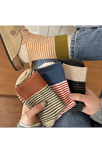 çorapmanya 4 Çift Kadın Kışlık Çok Renkli Rahat Çizgili Lastikli Çorap