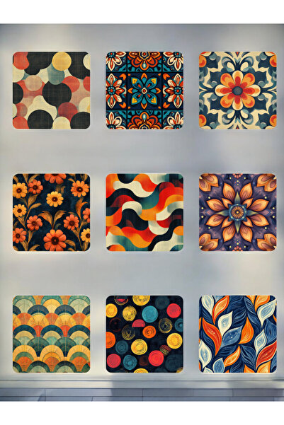 lili hediyelik مجموعة من 9 قواعد أكواب مطبوعة بنمط - طقم قواعد أكواب