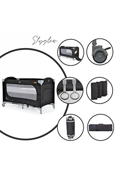 Cangaroo Multifunctional folding cot 2in1 SkyGlow Black with 2 levels, locking wheels, access door c