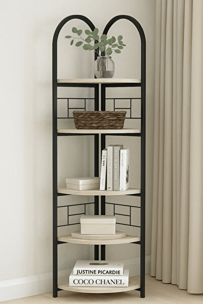 Reyo Falez 5 Raflı Metal Köşe Kitaplık Dekoratif Aksesuar Rafı Çiçeklik Trave...