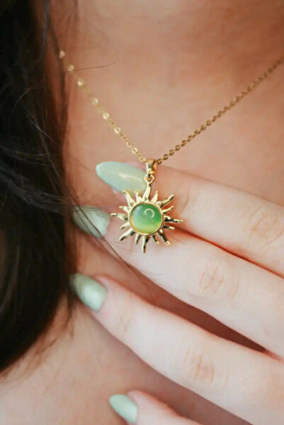 Harlofia Jewelry Steel Green Stone Vintage Sun Necklace