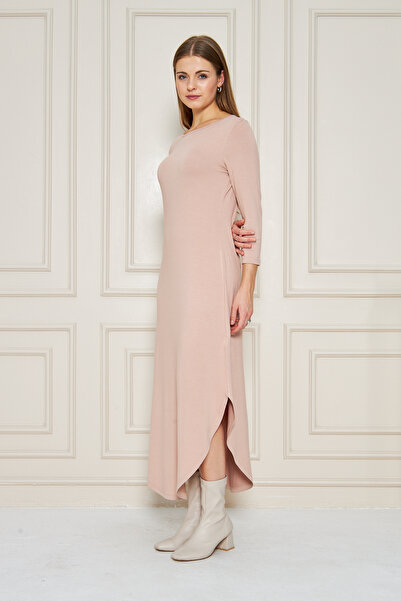 ESPİNA Kadın Uzun Kollu Etegi Oval Yırtmajlı Midi Boy Elbise