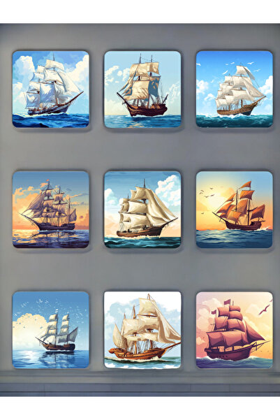 lili hediyelik مجموعة من 9 قواعد أكواب مطبوعة بتصميم السفينة - طقم قواعد الأكواب