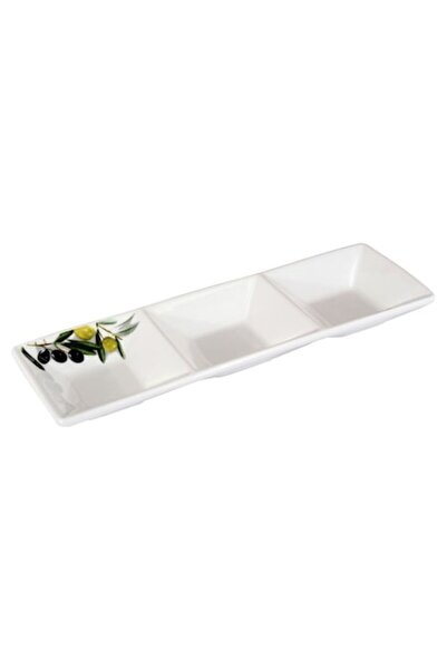 SHOPIENS 3-compartment white porcelain platter with olive print Shopiens®, for nuts, sauces and s