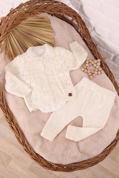 kidello Ecru Knitted Bodysuit Knitwear 3-Piece Baby Set
