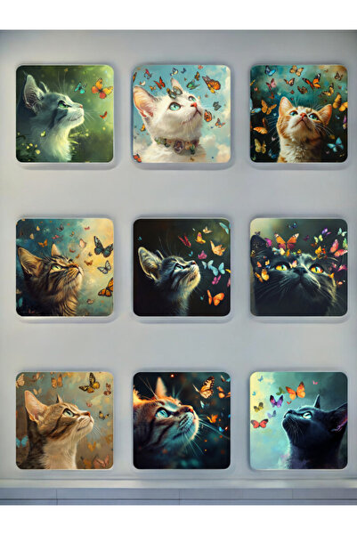 lili hediyelik Butterfly Cat 9-Piece Adf Coasters - Set of Coasters