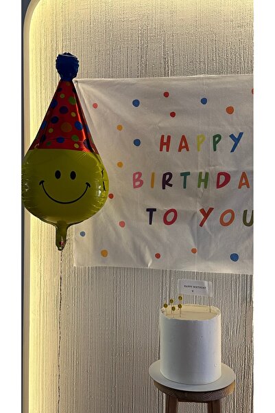 Kukuletaparty 80/110 cm "Happy Birthday" Banner + Kukuletalı Gülen Yüz Balon Set