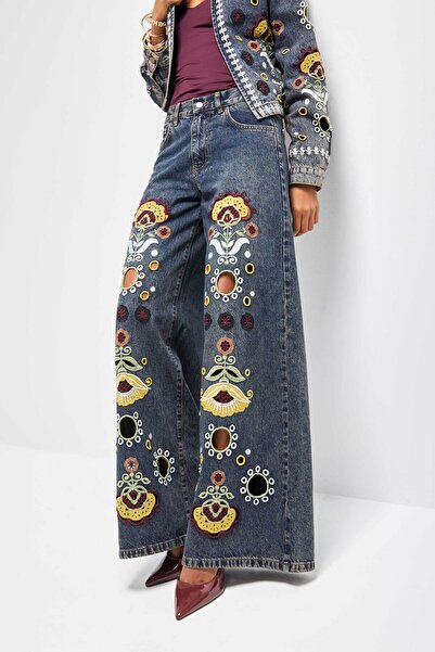 its basic Blugi pentru femei, culoare T.Kot 4w5-8, model Palazzo, broderie specială cu flori, lungime interioară 83 cm, design denim.