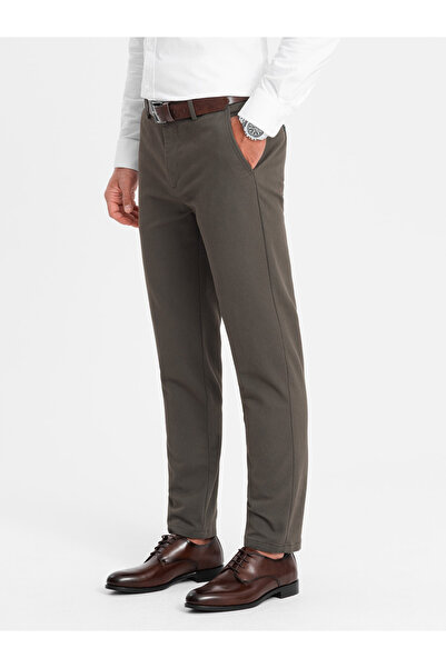 OMBRE Κλασικό ανδρικό παντελόνι chino με απαλή υφή - χακί V2 OM-PACP-0188 L