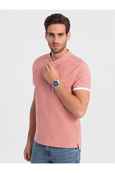 OMBRE Pánské polo tričko bez límečku - růžové V7 OM-TSCT-0156 XXL