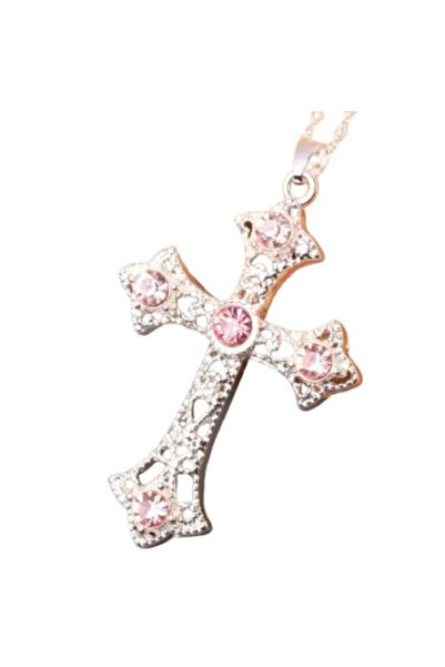 SYGGY ® Necklace with Silver Cross Pendant and Pink Stones