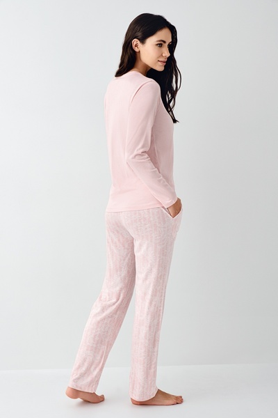 Pierre Cardin Women's Pink Three Button Long Sleeve Patterned Trouser Pajama Set (Available in Oversized Sizes)