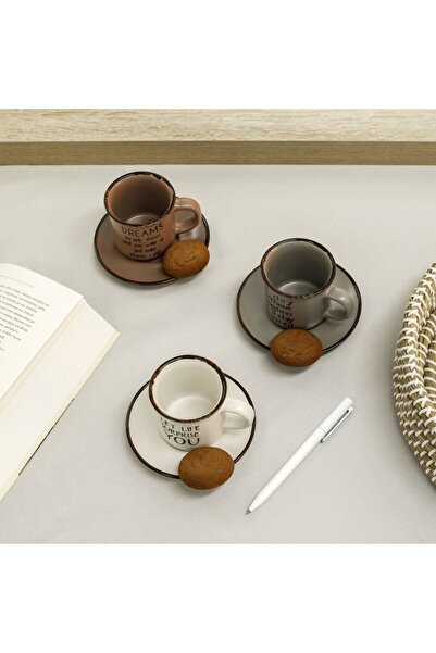 SHOPIENS Set 3 cups with saucers for coffee from Shopiens®, ceramic, dark rim and message, 130ml