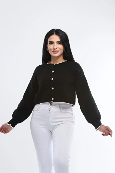 H&E LUXURY DESIGN Kadın Siyah İnci Düğmeli Kontrast Detaylı Crop Hırka