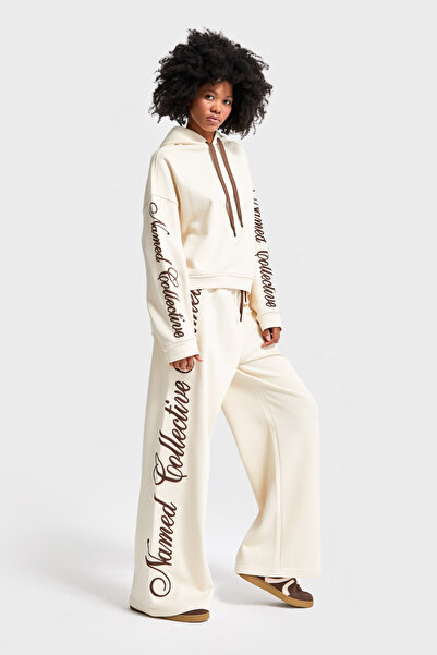 its basic Kadın Ekru Renk w5-57 Yazı Nakışlı Bol Kesim Tasarım Alt-Üst 2'li Kombin Takım