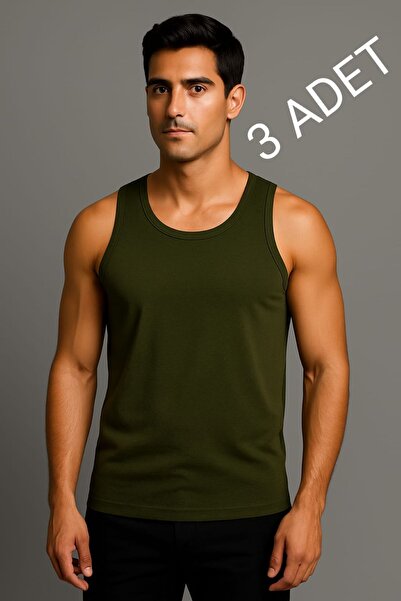 enmodaiçgiyim Green 3-Pack 100% Cotton Combed Classic Tank Top for Men – Breathable, Comfortable Fit, Casual