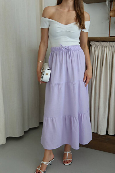 adba style Kadın Basic Beli Bağcıklı Müslin Etek 4044