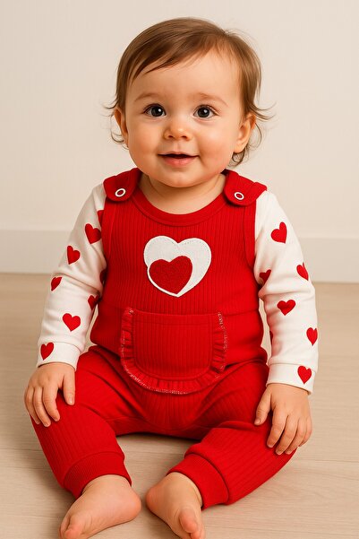 dinamik çocuk Heart-Swirling Embroidered Ribbed Pocket Baby Girl 3-Piece Romper Set – Bodysuit, Romper, and Socks | 3-6-9 Months