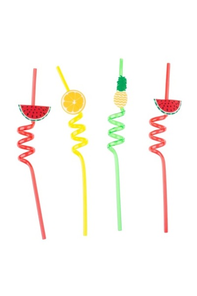 SHOPIENS Set 4 reusable plastic straws Shopiens®, spiral, colorful with fruit figurines, 6 x 270 mm