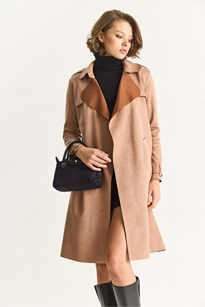 Bianco Lucci Kadın Kruvaze Yaka Dökümlü Kuşaklı Süet Trençkot 24-182 60283554