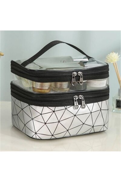 ECARLA Cosmetic bag, foldable, 2 compartments, geometric pattern, silver, 9x23x15.5 cm, eCarla, KS35WZ4